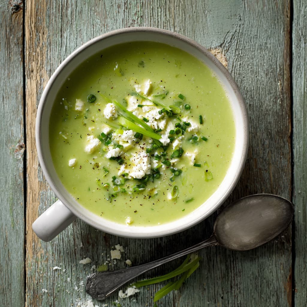 Prei–knoflooksoep met feta