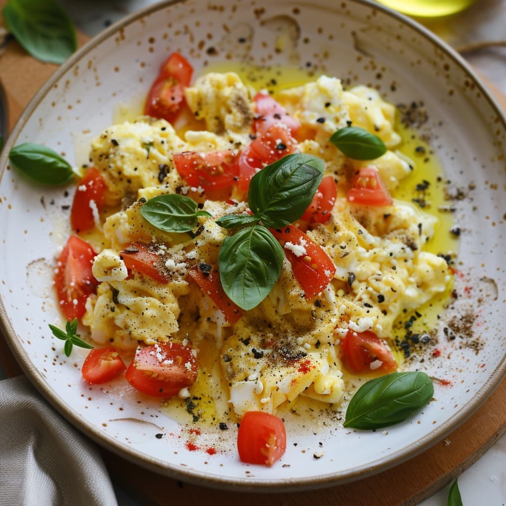  Roerei met kaas en tomaat