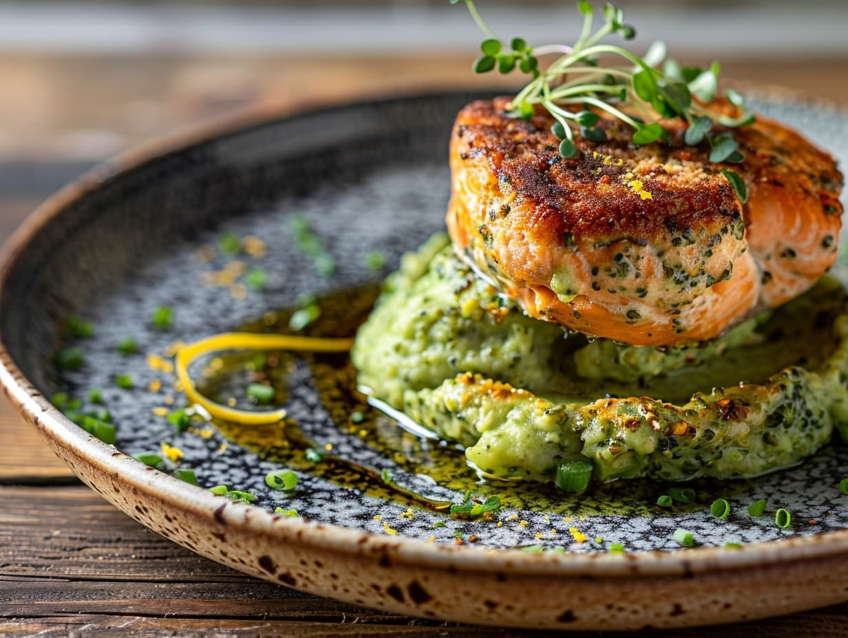 Zalmburgers met broccolipuree