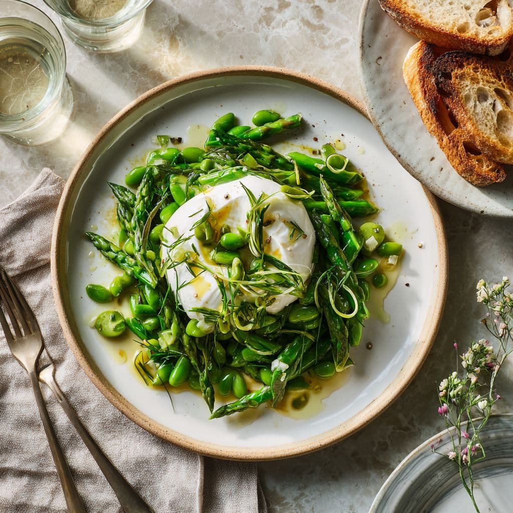 Asparagus with Sugar Snap Peas and Burrata
