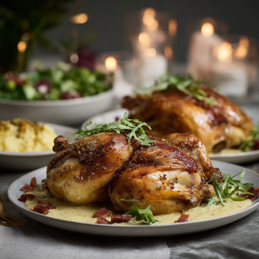 Geroosterde kip met cider en romige mosterdsaus