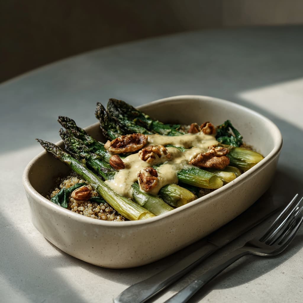 Vegan ovenschotel met quinoa, asperge en sinaasappeldressing