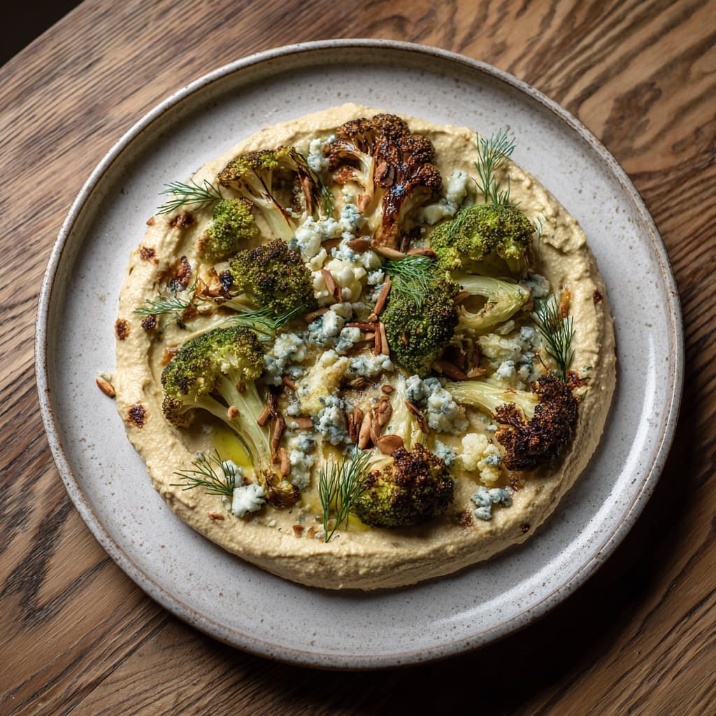 Warme hummus met geroosterde groenten en blauwe kaas