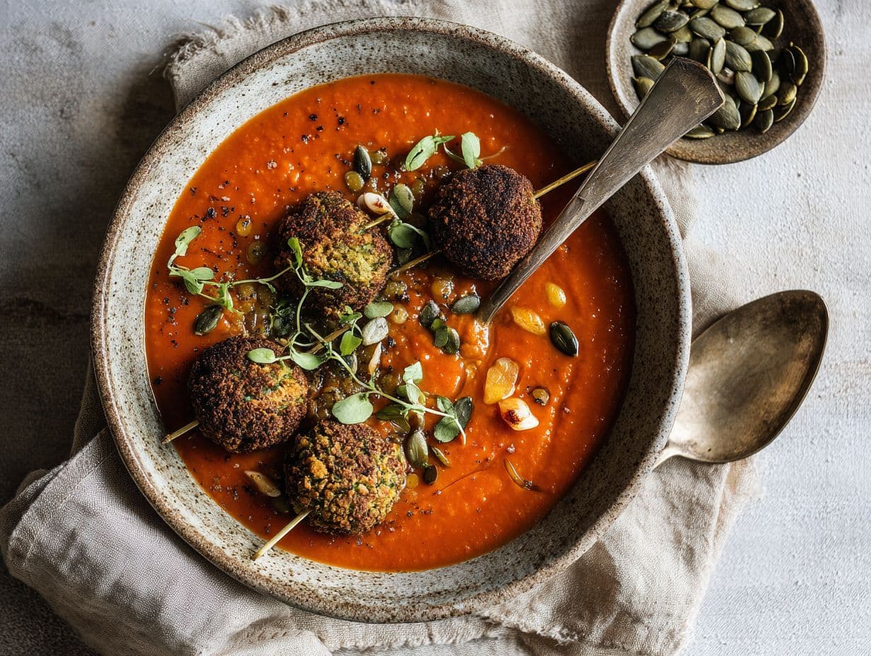 Arabic Lentil Soup with Falafel Skewers