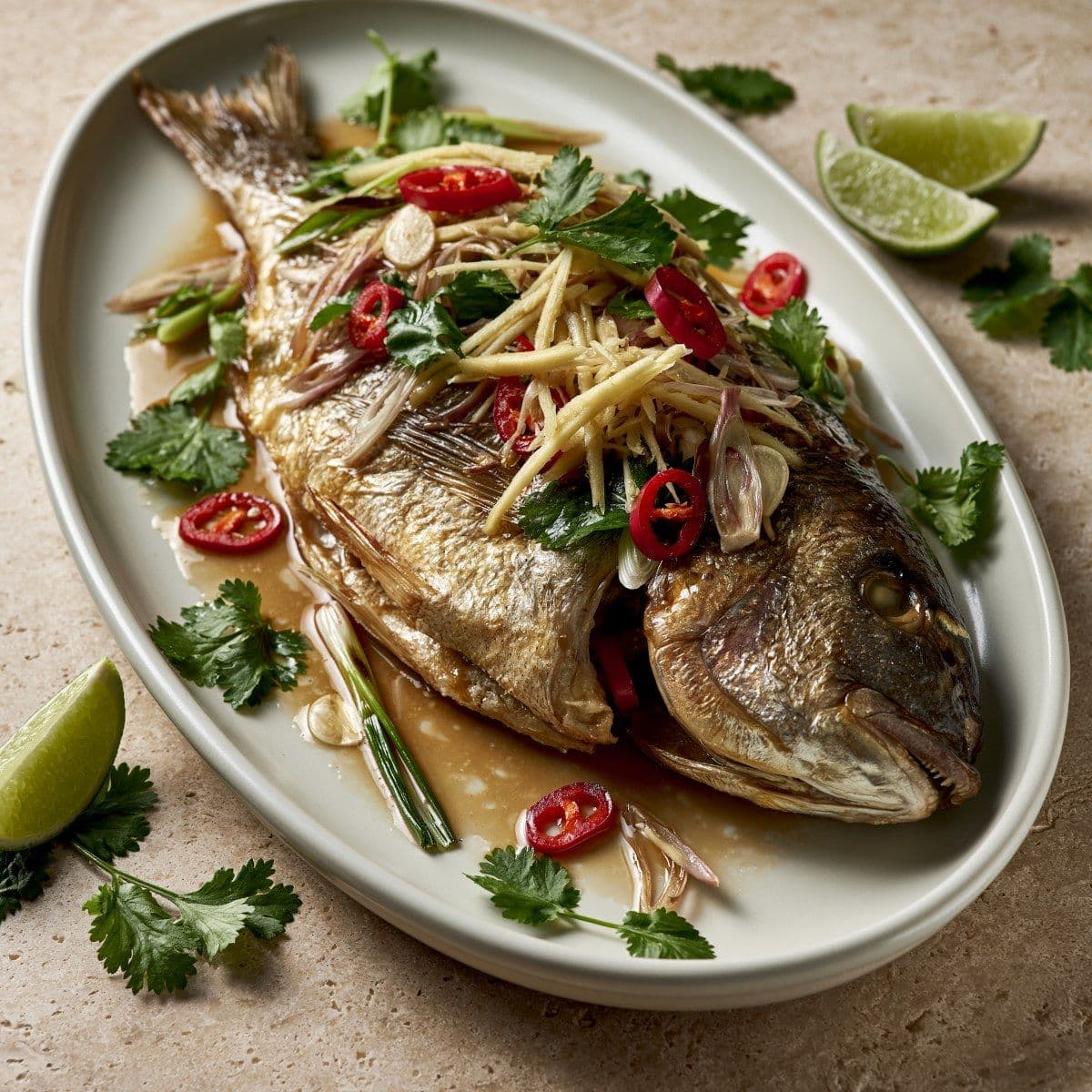 Dorade uit de oven met gember, knoflook en peper