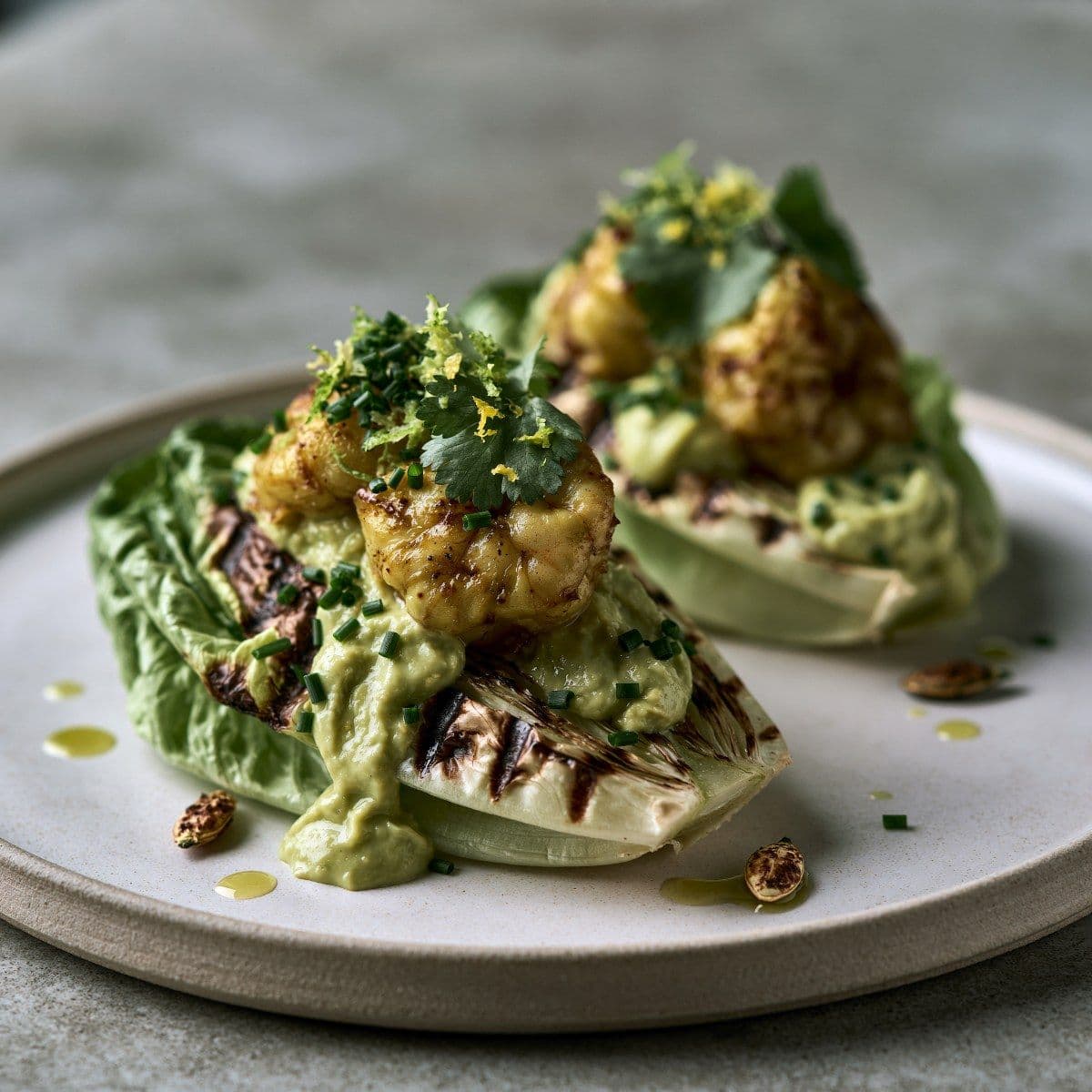Shrimp with Grilled Little Gem & Avocado Lime Dressing