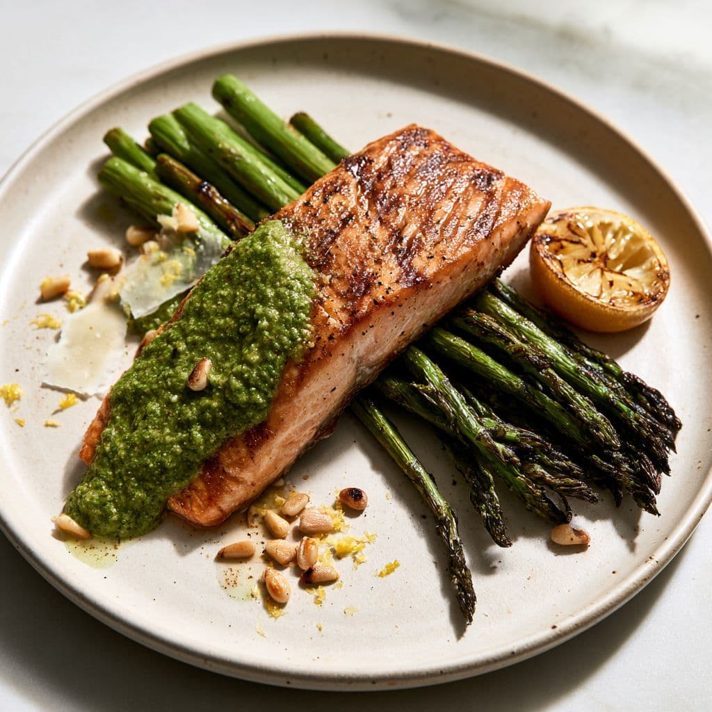 Gegrilde zalm met groene asperges & romige rucolapesto