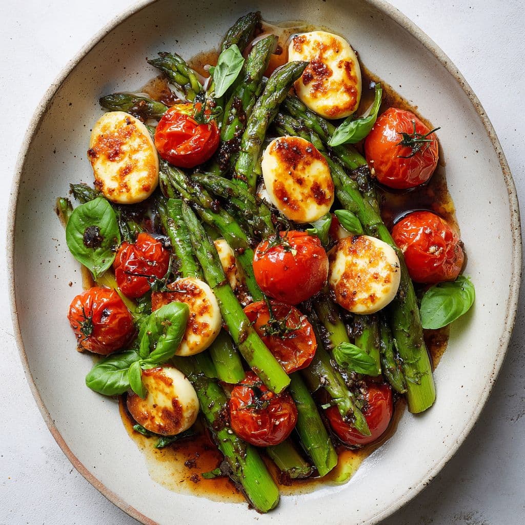 Roasted Asparagus with Halloumi and Tomato