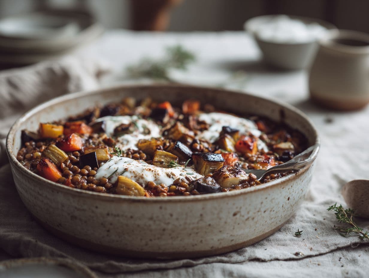Spiced Lentil Dish with Eggplant and Yogurt
