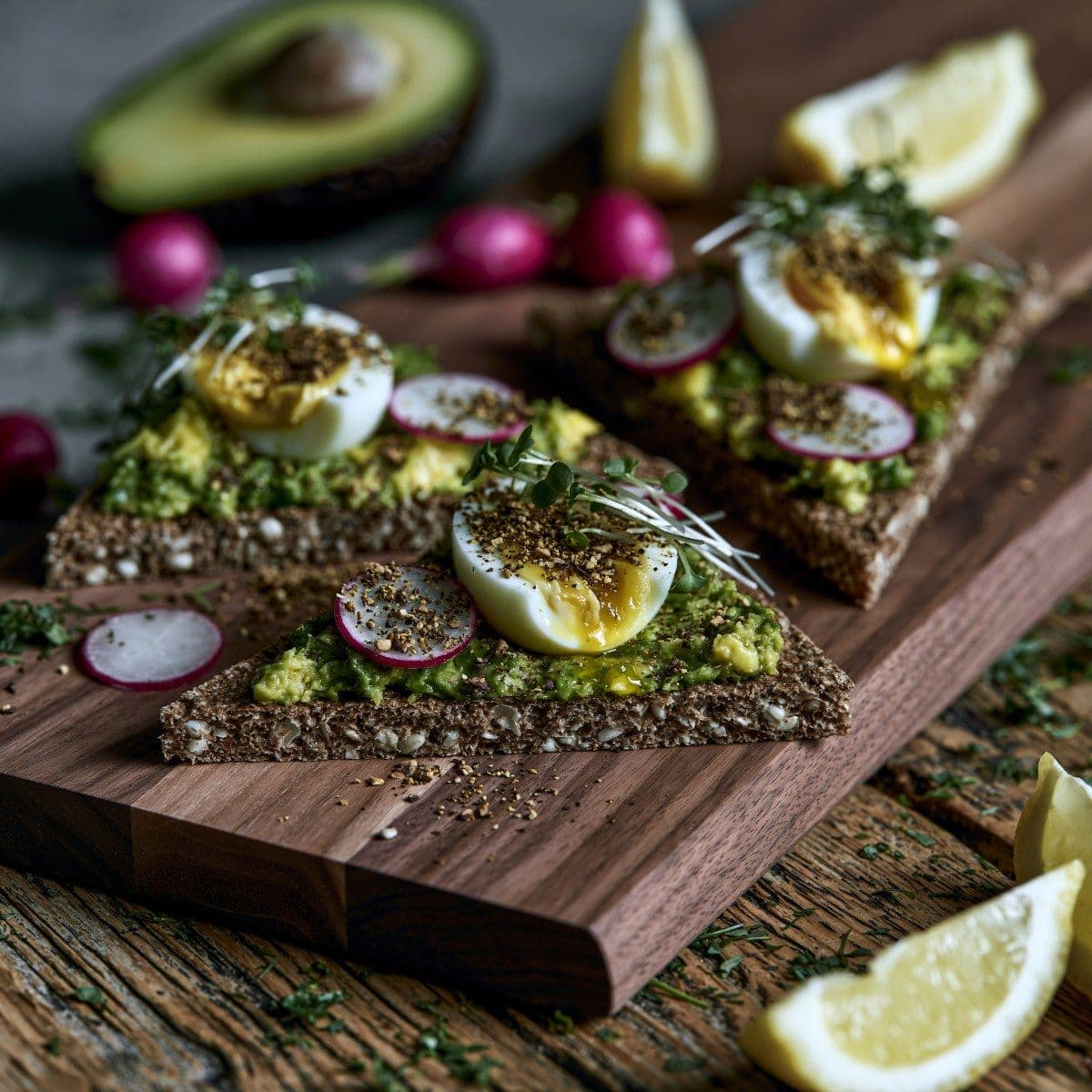 Puntcrackers met avocado, zacht ei & radijs
