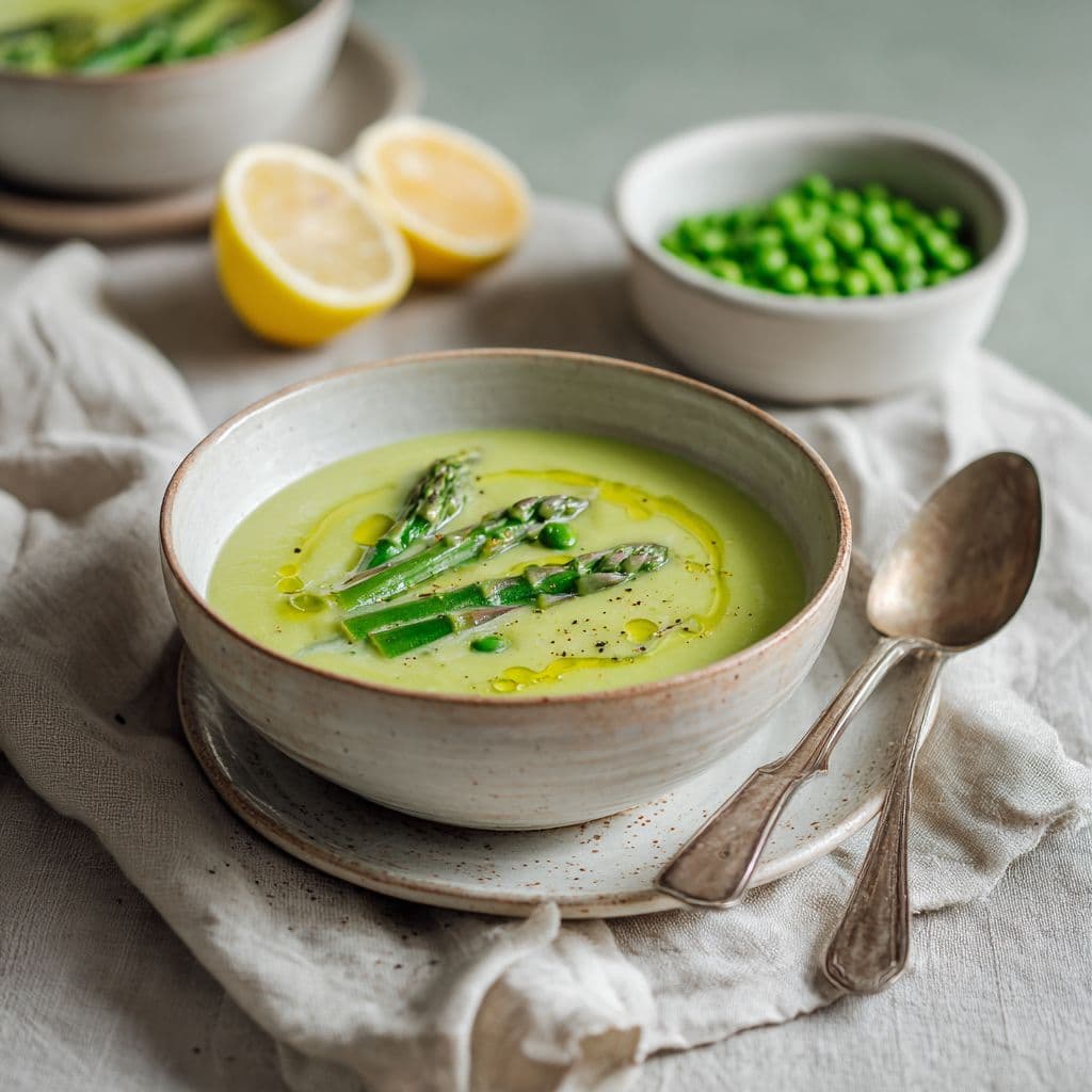 Creamy Asparagus Soup with Lemon and Peas