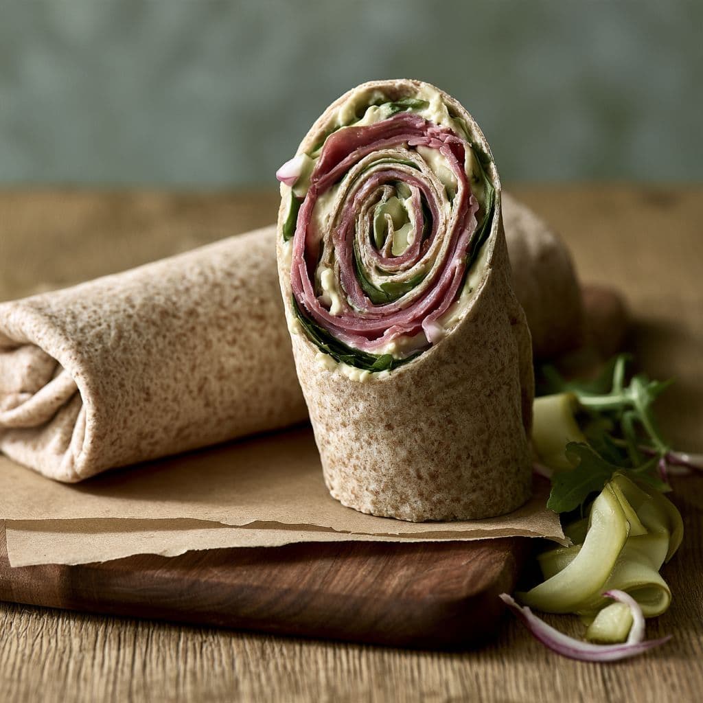 Volkoren wrap met rookvlees, augurk & romige mosterdcrème