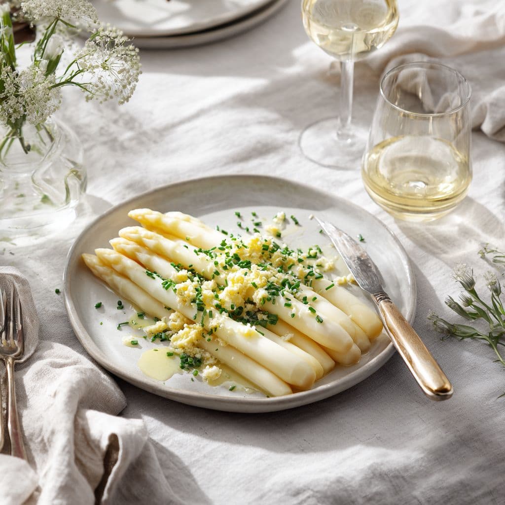 White Asparagus with 0.0 Wine, Egg, and Chives