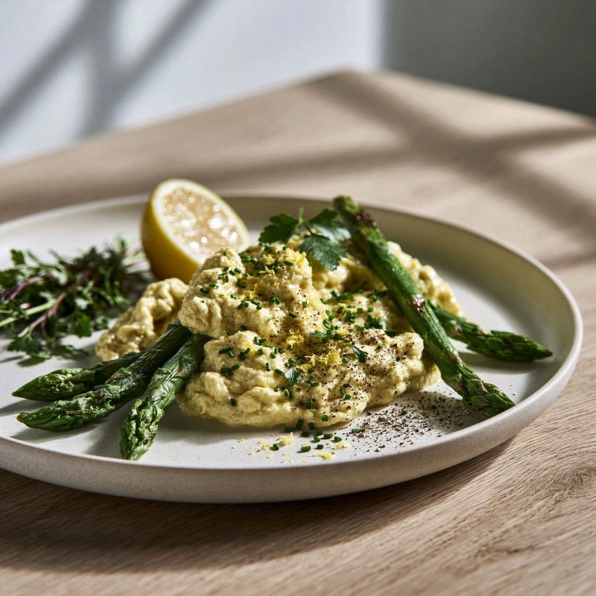 Zachte roerei met groene kruiden & asperges