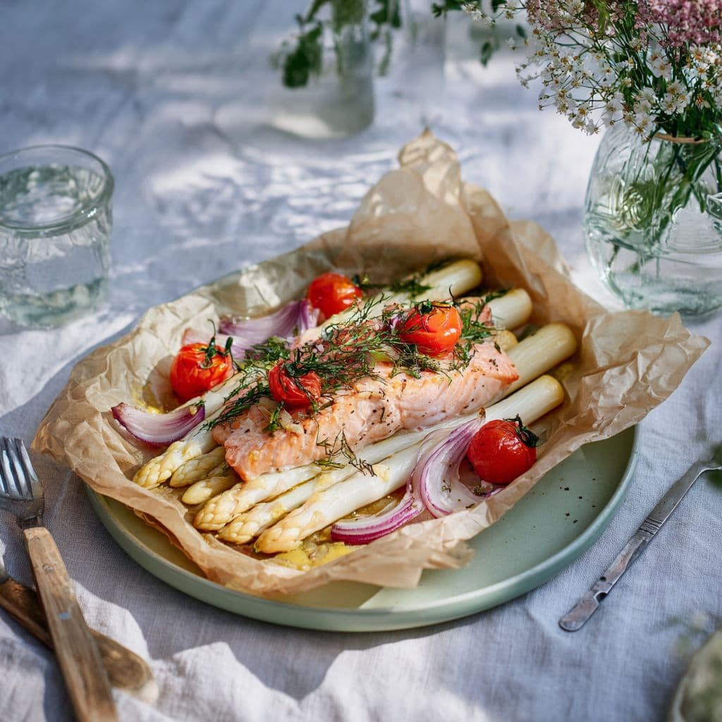 Salmon Parcel with White Asparagus and Vegetables
